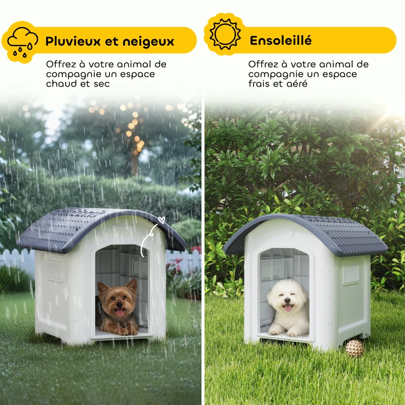PawHut Niche pour Chien Extérieur, Maison pour Chien en Plastique avec Sol Surélevé et Amovible, Toit Imperméable, Gris