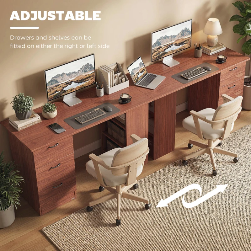 HOMCOM Computer Desk, Writing Table, PC Workstation with 3 Storage Shelves and Drawers, Handle, for Home Office, Walnut Brown