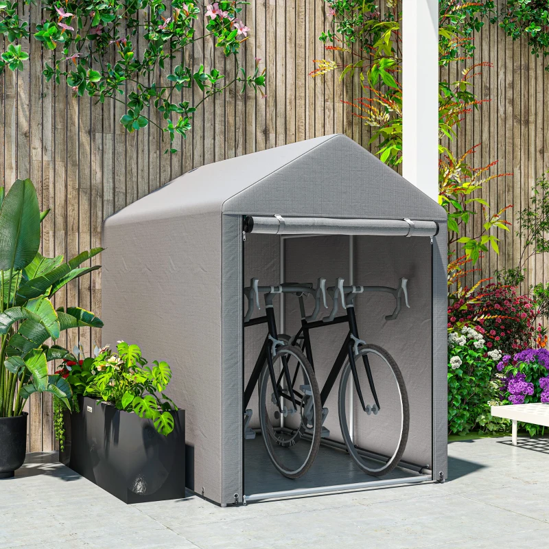 Outsunny Abrigo para Ferramentas Bicicletas e Motos 1,2x1,8x1,65 m Garagem Portátil com 2 Habitações Cinza Claro