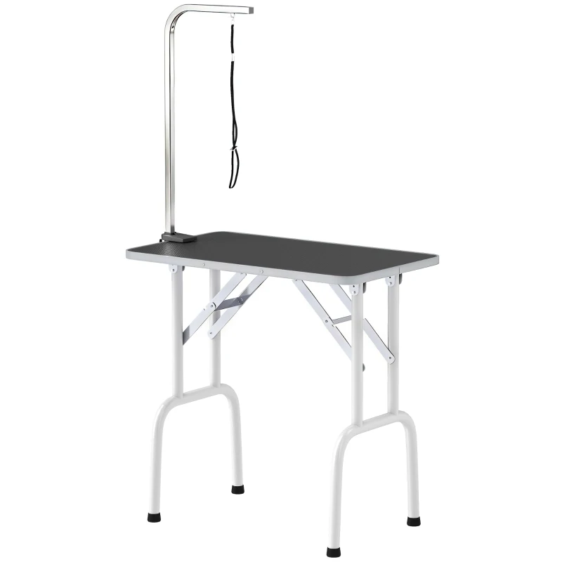 PawHut Masă de îngrijire pentru câini, pliabilă, cu lesă, picioare din oțel, blat antiderapant, 81x48,5x80 cm, Negru