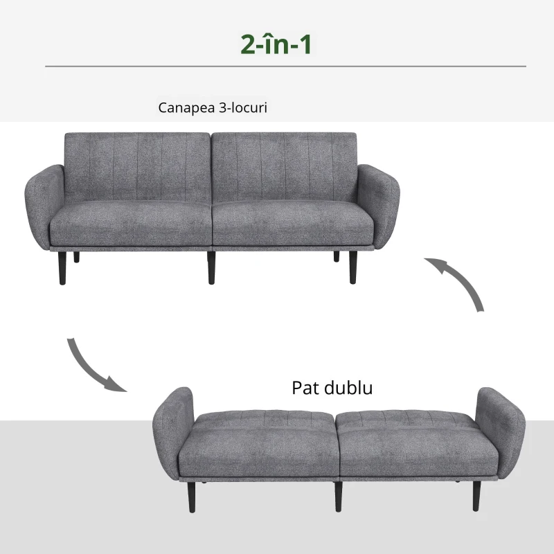 HOMCOM Canapea Extensibilă cu Spătar Rabatabil pe 3 Niveluri și 3 Locuri, Canapea Modernă din Material și Lemn, 208x84x82 cm