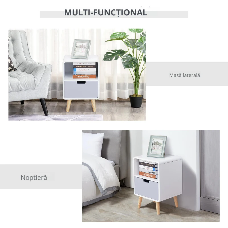 HOMCOM Noptieră stil Nordic 40×38×58 cm, Dulap cu Sertar și Raft din MDF și Lemn de Brad