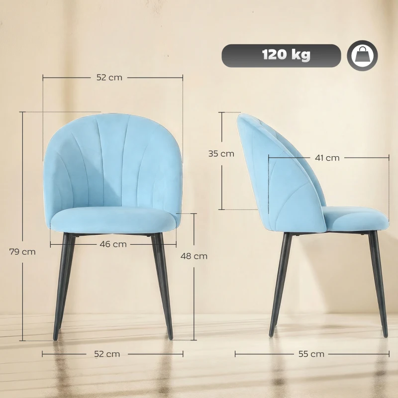 HOMCOM Set de 2 Sillas de Comedor Tapizadas en Terciopelo, 52x55x79 cm, Azul