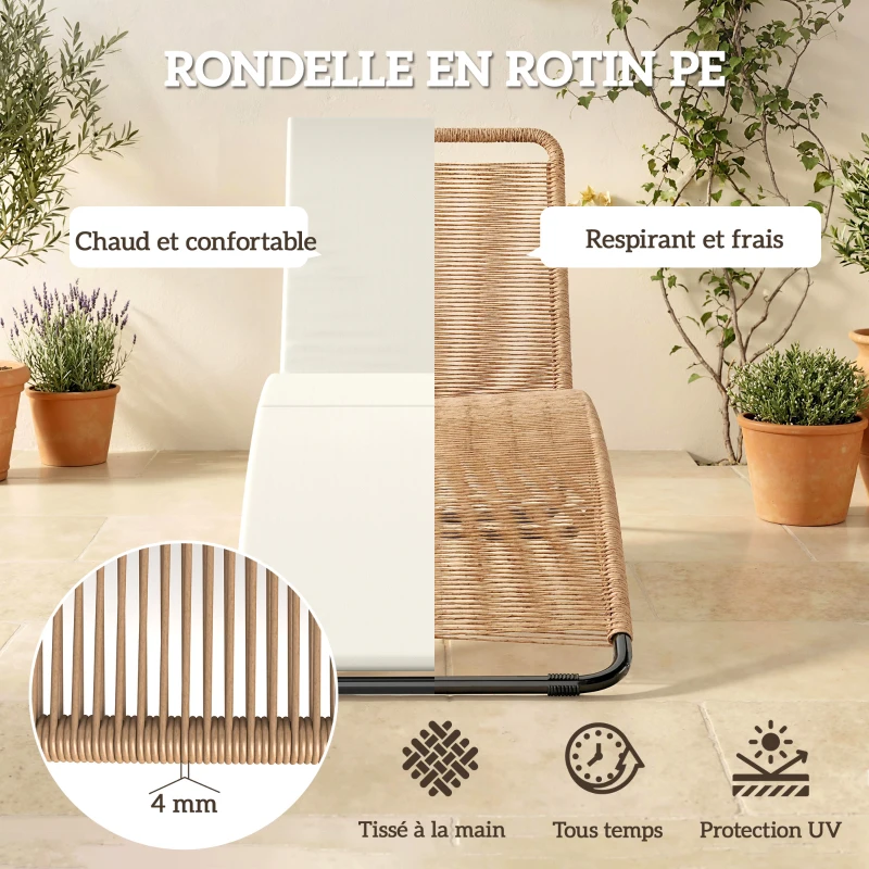 Outsunny Bain de soleil en résine tressée transat de jardin design en S courbe naturelle structure robuste acier coussin crème