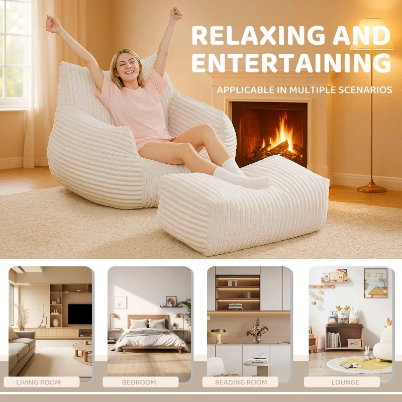 Soft Bean Bag Chair with Footrest and High-Density Shredded Foam, Modular Ergonomic Sofa with Breathable Fabric, 117L x 98W x 75H cm, White