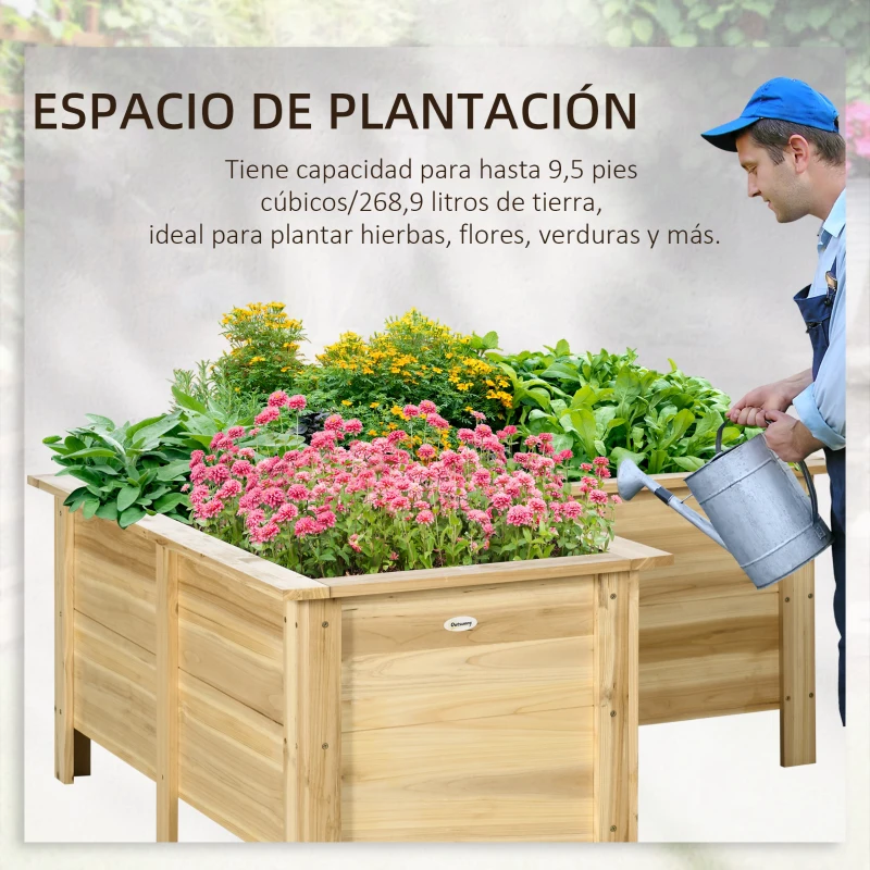 Outsunny Jardinera Elevada de Madera Macetero Exterior en Forma de L con Tela no Tejido Huerto Urbano 120x120x50 cm Natural