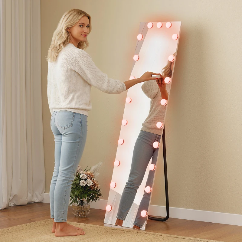 HOMCOM Oglindă pentru corp întreg 150x40 cm LED RGB, oglindă de podea cu 21 becuri, 7 culori, buton tactil, funcție memorie