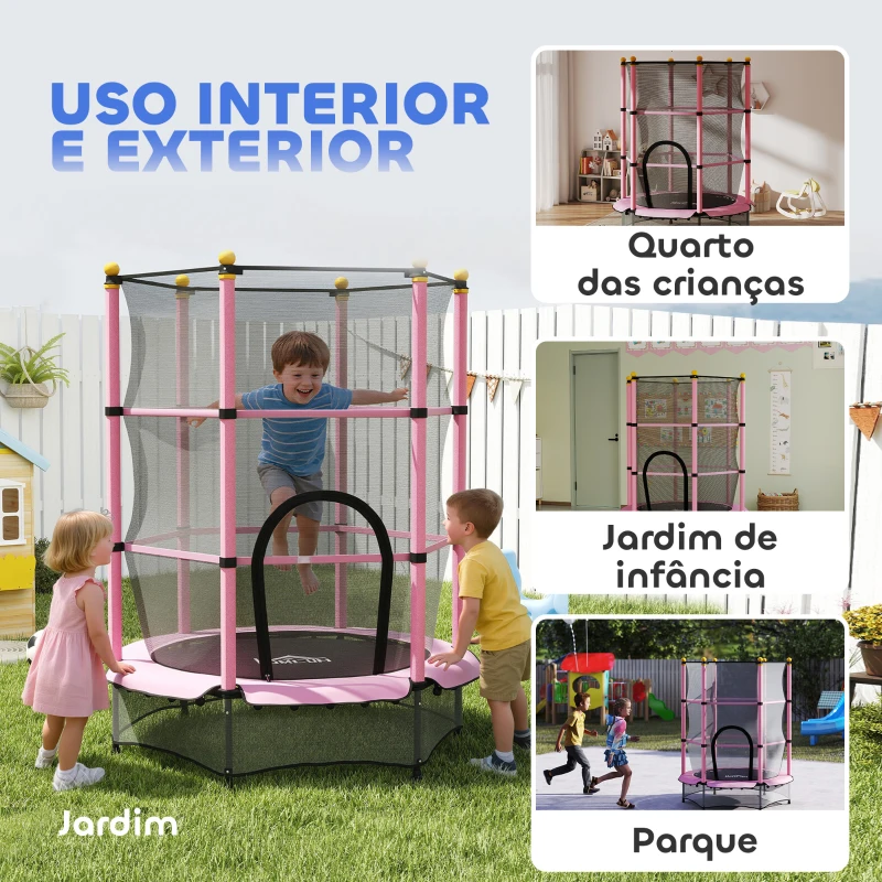 HOMCOM Trampolim para Crianças com Rede de Segurança e Estrutura de Aço para Interiores e Exteriores Carga 50kg Ø140x190 cm Rosa