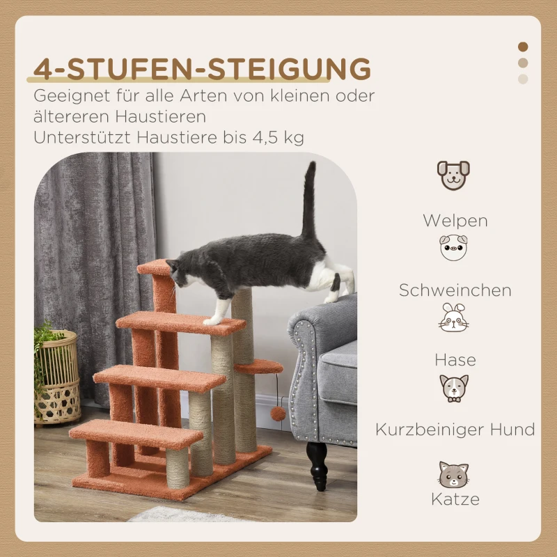 PawHut Haustiertreppe, Kratzbaum, 4-stufig, für Tiere bis 5 kg, 60x40x64cm, Braun