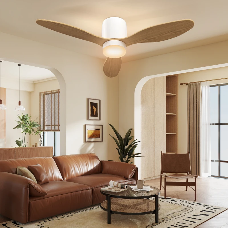 HOMCOM Ventilator de tavan cu lumină reglabilă și telecomandă 115 cm, 3 culori, 3 pale, 6 viteze, timer, natural