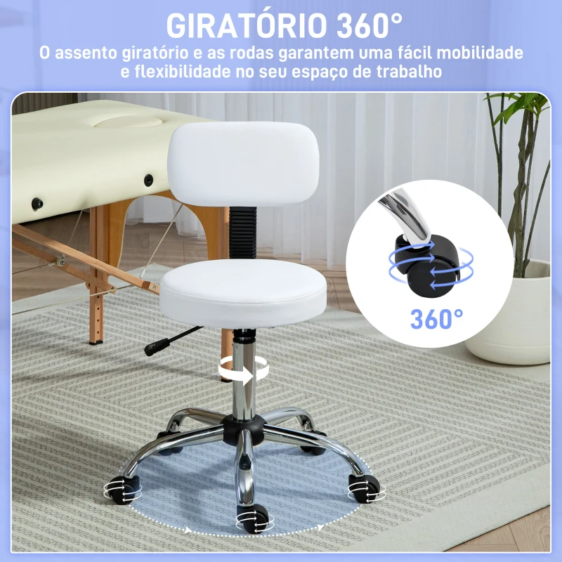 HOMCOM Banco Giratório Banco com Rodas e Encosto Banco de Trabalho com Altura Ajustável 78-93 cm Estofado em Couro Sintético Branco