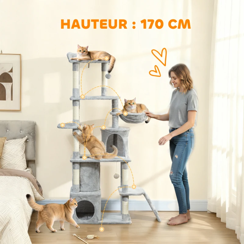 PawHut Arbre à chat tour de jeux 7 poteaux à griffer 3 platesformes 2 niches tunnel hamac et 2 pompons 170 cm gris foncé
