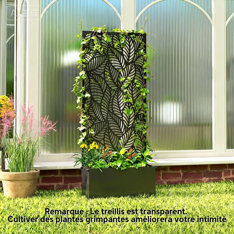 Outsunny Jardinière avec treillis, bac à fleurs en métal avec brise-vue, motif feuilles découpées, 45x21,5x110cm, noir