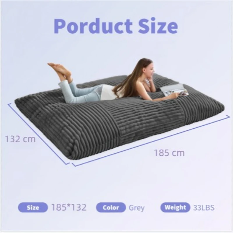 3-In-1 Convertible Bean Bag Chair with Soft Ribbed Corduroy Fabric, Memory Foam Lounger with Removable Cover, 185L x 132W cm, Dark Gray