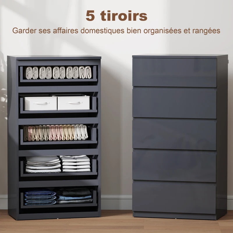 HOMCOM Commode 5 tiroirs, meuble de rangement à haute brillance, fermeture douce et silencieuse, 53 x 34 x 100 cm, gris