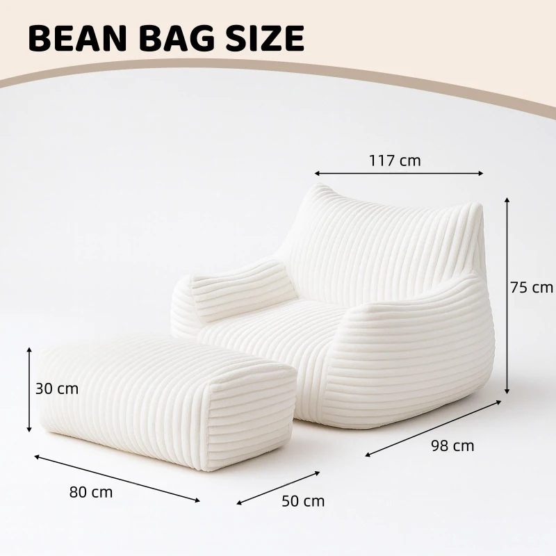 Soft Bean Bag Chair with Footrest and High-Density Shredded Foam, Modular Ergonomic Sofa with Breathable Fabric, 117L x 98W x 75H cm, White