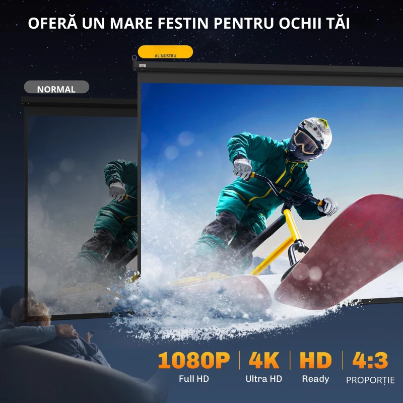 HOMCOM Ecran de Proiecție 120 Inch Format 4:3 Reglabil cu Telecomandă, Ecran de Proiecție Compact, 244x183 cm, Negru