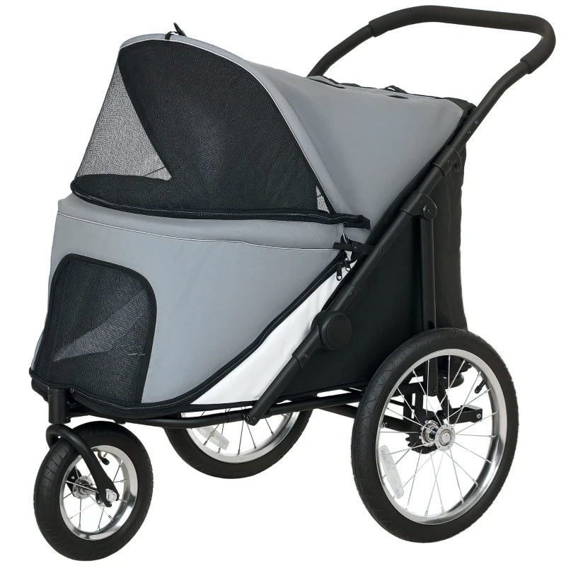 PawHut Cărucior pentru câini 3 roți cu pliere ușoară, buzunar de depozitare, pernă moale, lesă de siguranță, gri