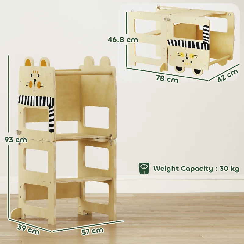 AIYAPLAY Torre di Apprendimento 3 in 1 Pieghevole Convertibile in Scrivania e Sedia con Lavagna Disegni di Gatti Naturale