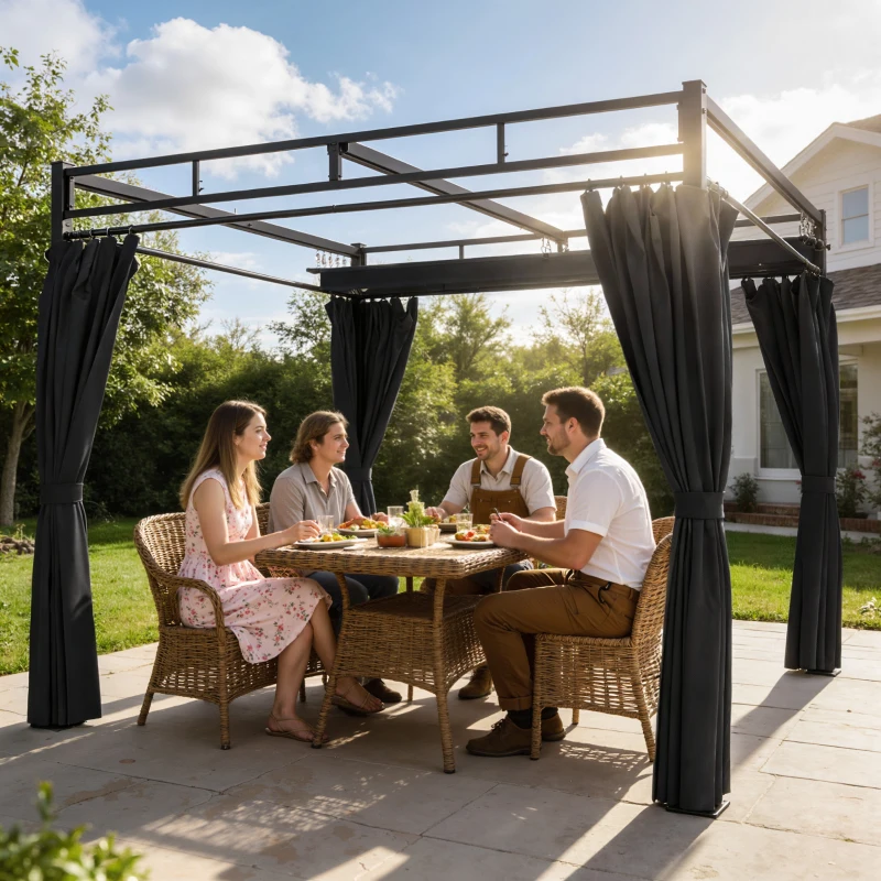 Outsunny Pérgola de Jardín 3x3 m con Techo Retráctil y Cortinas Protección UV30+ Estructura Metálica para Patio Terraza Gris