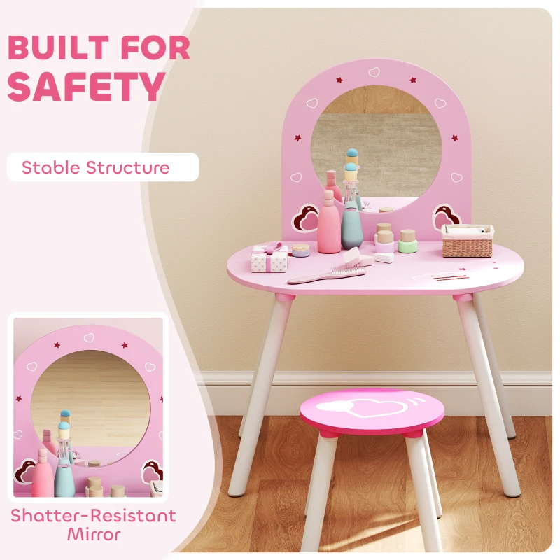 AIYAPLAY Kids Dressing Table with Mirror and Stool, Girls Vanity Set for Kids Room, Bedroom, Nursery, for Ages 3–6 Years, Pink