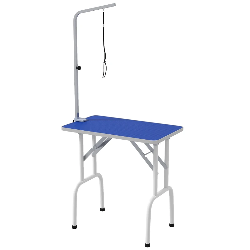 PawHut Mesa de Tosquia para Cães Dobrável com Braço Ajustável entre  60-104 cm e Bancada de Borracha Antiderrapante 81x48,5x80 cm Azul