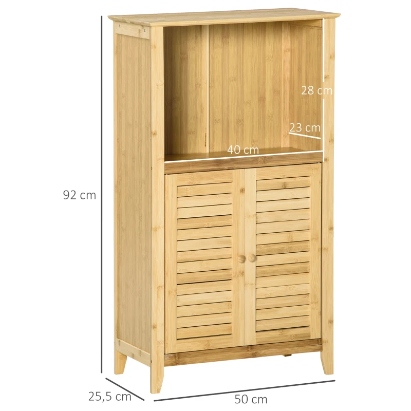 HOMCOM Dulap de baie, dulap baie, raft independent cu 2 uși oblon, raft deschis, bambus, dulap de depozitare pentru baie, living 50 x 25,5 x 92cm Natural