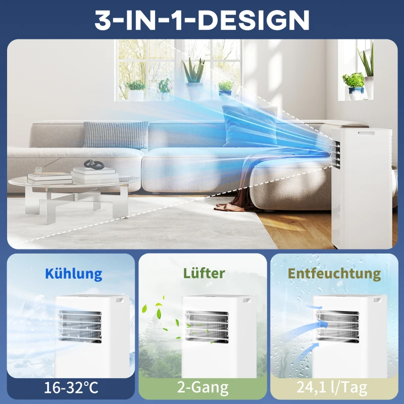 HOMCOM 3-in-1 Klimaanlage, Ventilator mit LED-Anzeige, waschbarer Filter, Timer, Weiß