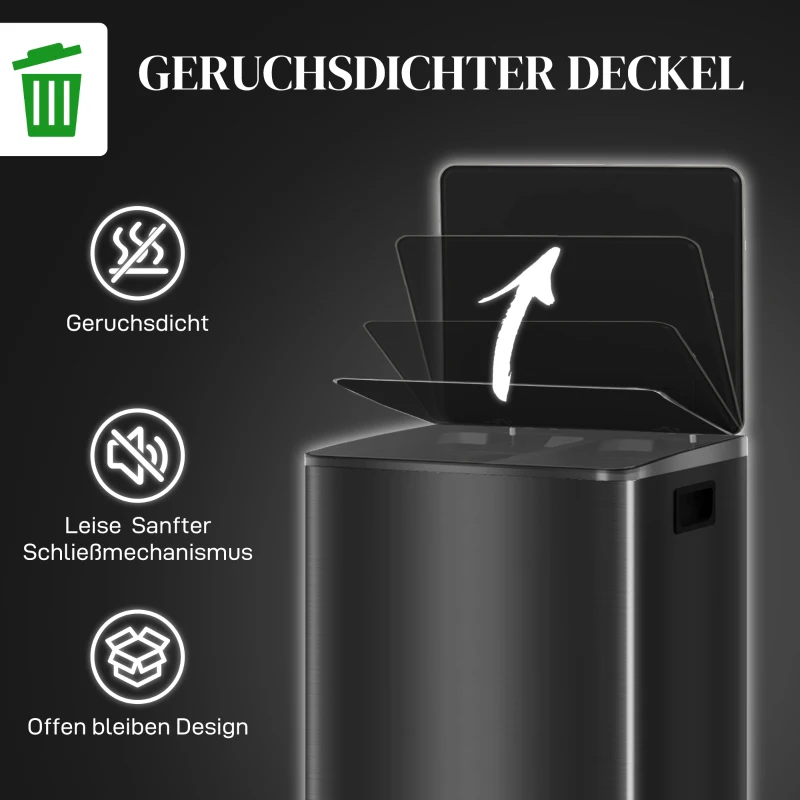 HOMCOM Mülleimer mit 2x30L Fächern, Soft-Close-Deckel, Fingerabdrucksicher, Edelstahl, Schwarz
