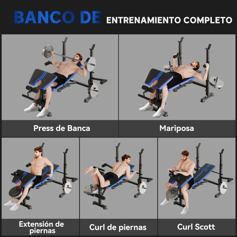 HOMCOM Banco de Musculación con Respaldo Ajustable y Soporte para Barras Regulable para Entrenamiento en Casa Gimnasio Negro