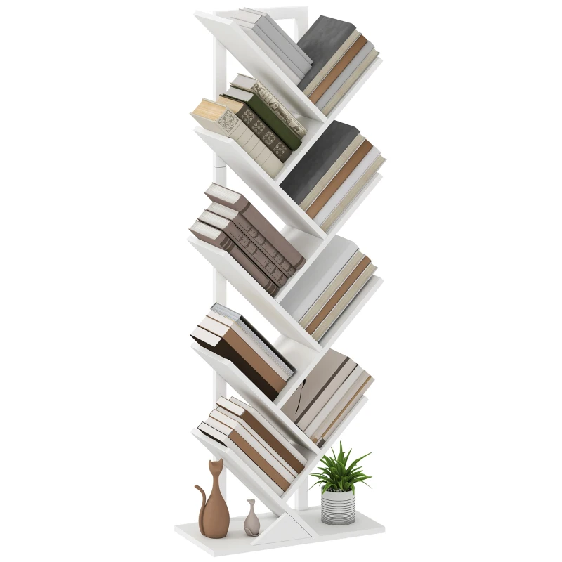HOMCOM 9-Tier Tree Bookshelf, Industrial Free Standing Bookcase with Steel Frame, Display Storage White