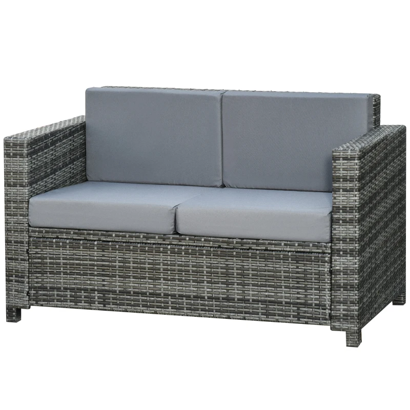 Canapea Outsunny din poly-rattan cu perne, canapea lounge de grădină 2 locuri metal poliester gri 130 x 70 x 80 cm