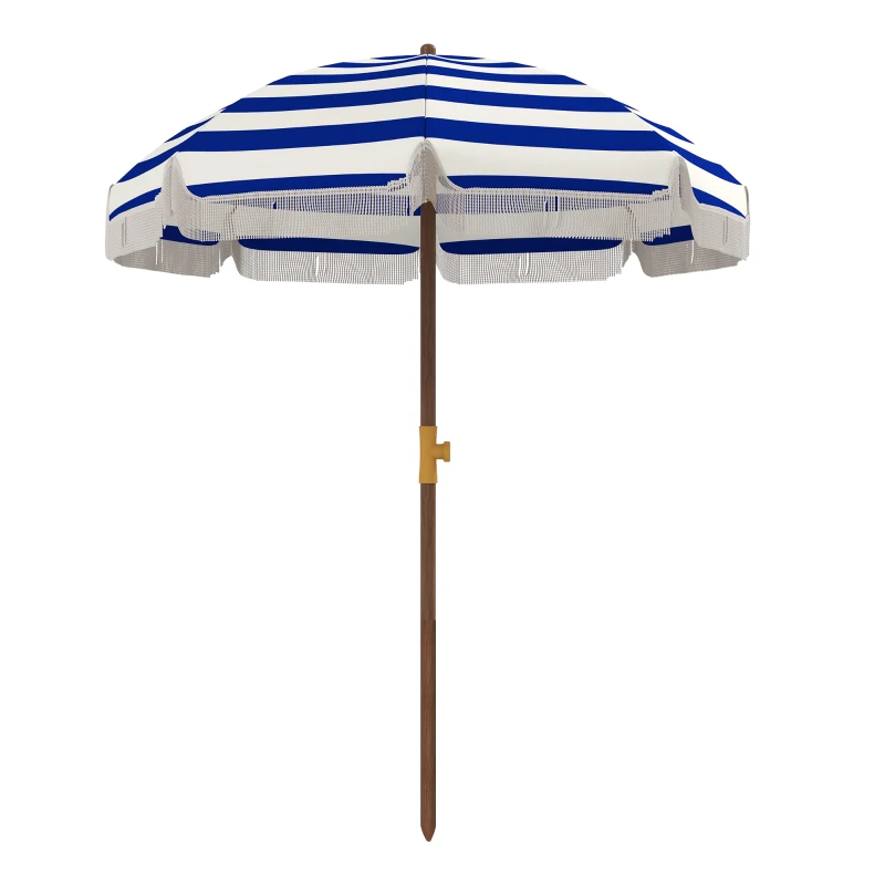 Outsunny Ombrellone da spiaggia con frange e protezione UV40+, Ø190x210 cm, Blu e Bianco