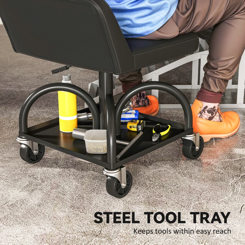 HOMCOM Scaun de atelier cu roți spațiu depozitare, 58,5 cm înălțime, scaun rulant până la 135 kg Negru