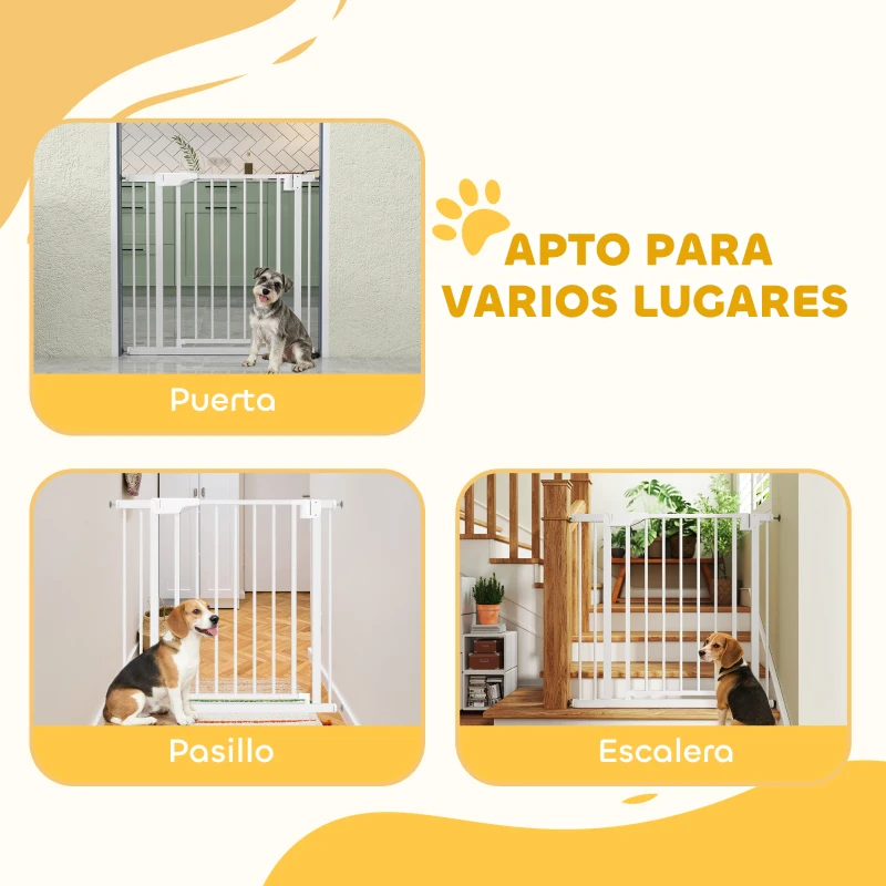 PawHut Barrera de Seguridad para Niños y Perros Ancho 76-89 cm Bloqueo Doble y Cierre Automático Apertura Dos Sentidos Blanco