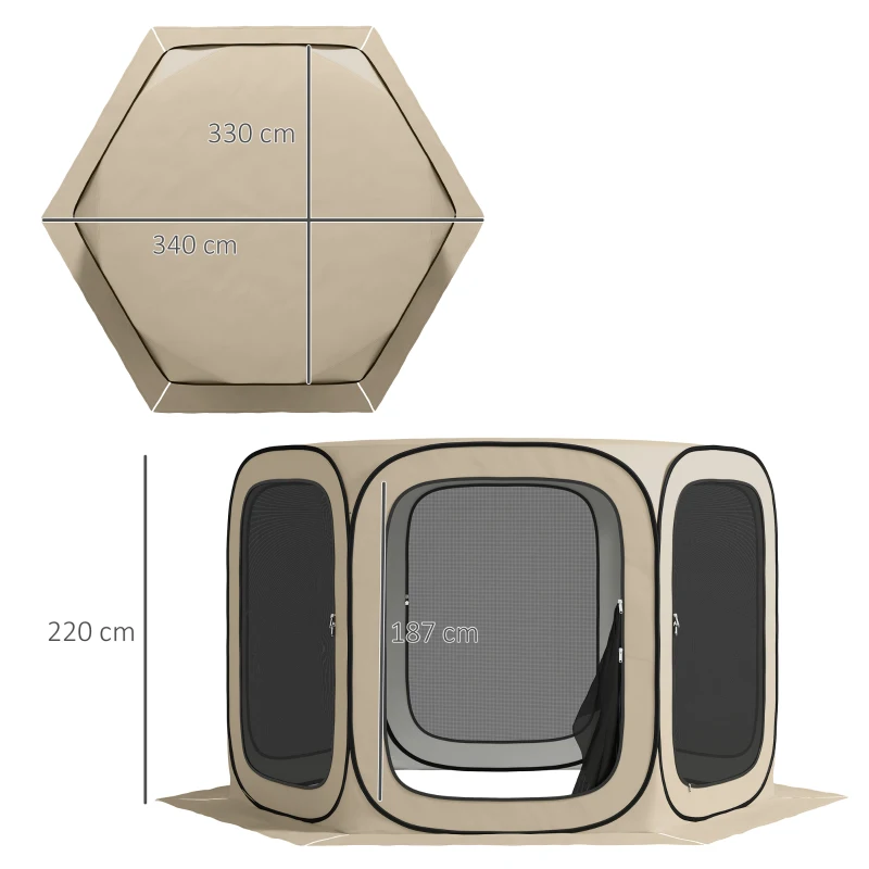 Outsunny cort pop-up pentru camping, portabil, protecție UPF50+, laterale cu plasă, sârmă de oțel, Khaki