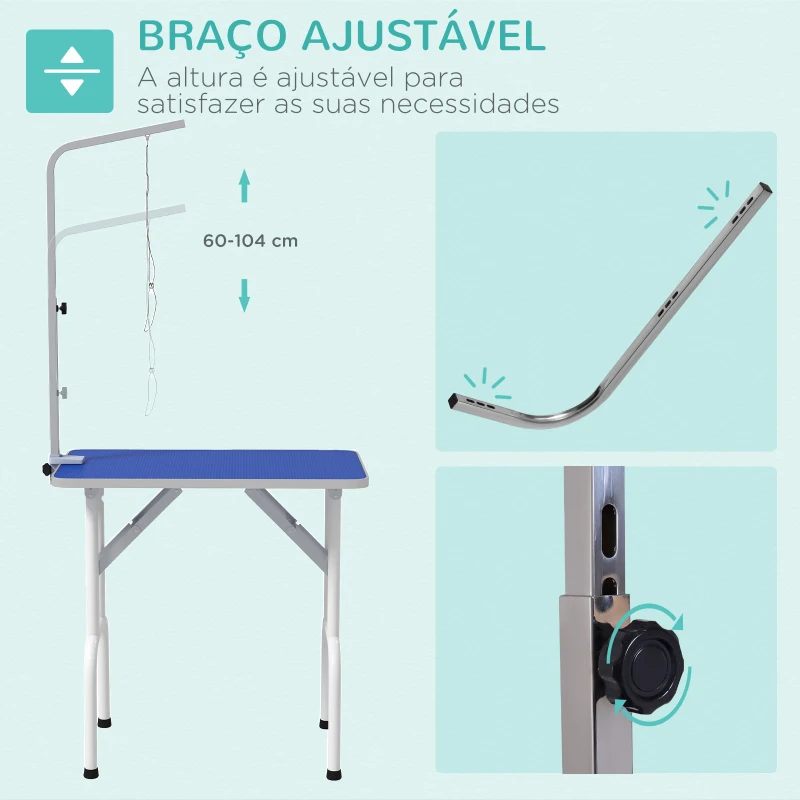 PawHut Mesa de Tosquia para Cães Dobrável com Braço Ajustável entre  60-104 cm e Bancada de Borracha Antiderrapante 81x48,5x80 cm Azul