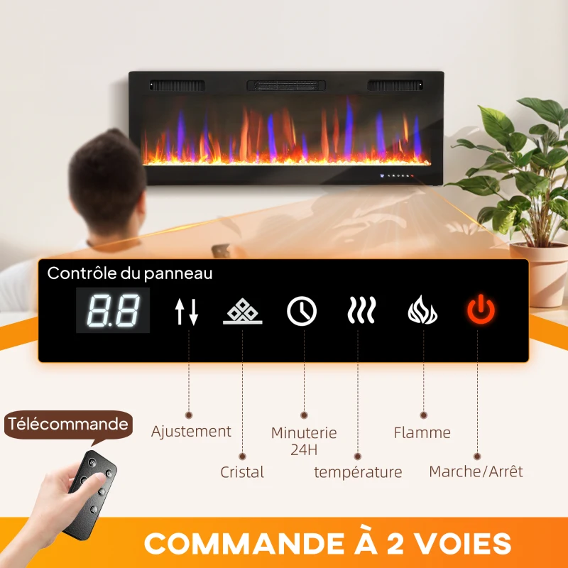 HOMCOM Cheminée électrique mural ou encastrable 900W/1800W, effet flamme à 12 couleurs 5 luminosités, 127 x 9,4 x 47 cm, noir