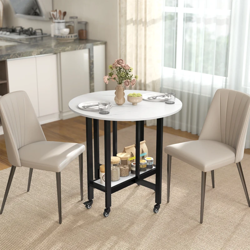 HOMCOM Folding Dining Table, Drop Leaf Table with Open Shelf, Rolling Kitchen Table for Dining Room, Small Spaces, White Marble