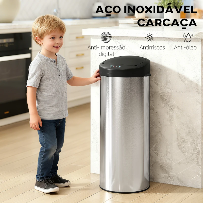 HOMCOM Balde de Lixo de Cozinha Automático 55 L em Aço Inoxidável com Sensor Infravermelho Fechamento Suave 32x30x78,5 cm Prateado