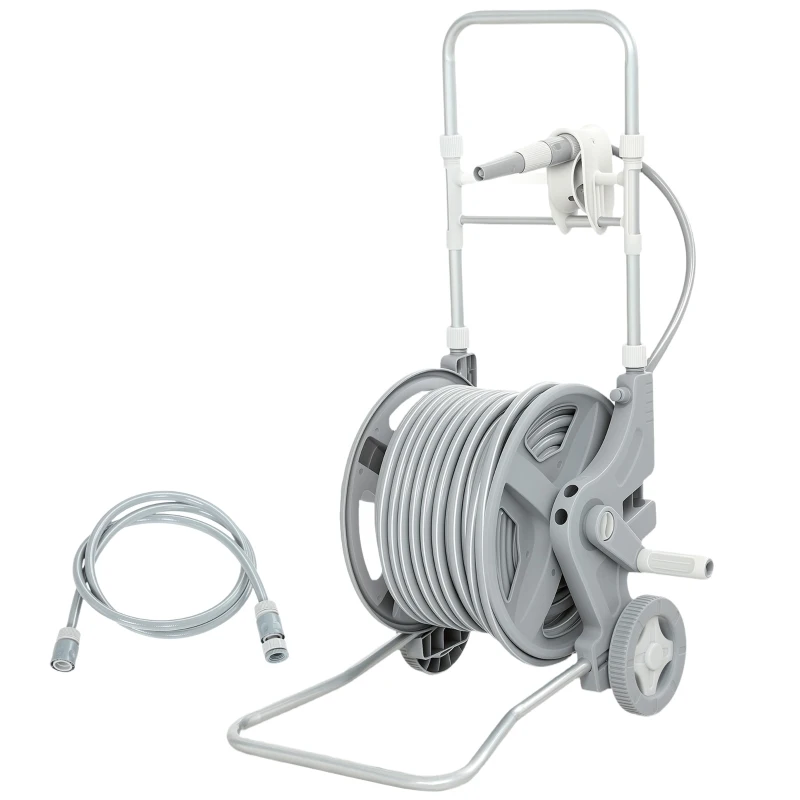 Outsunny Slangenwagen 45 m Slanghaspel met 2 Sproeistanden, Kraanadapter, Slinger en 2 Wielen, 45 x 44 x 78 cm Grijs