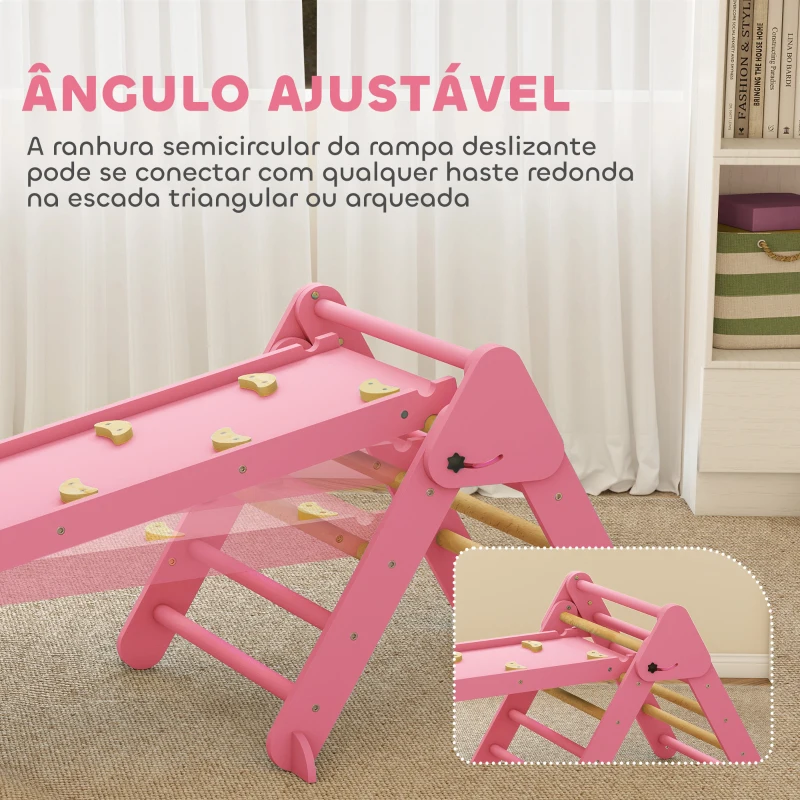 AIYAPLAY Triângulo de Escalada 7 em 1 com Arco e Rampa Escalada para Crianças de Madeira Dobrável para 18-48 Meses 188x70 cm Rosa