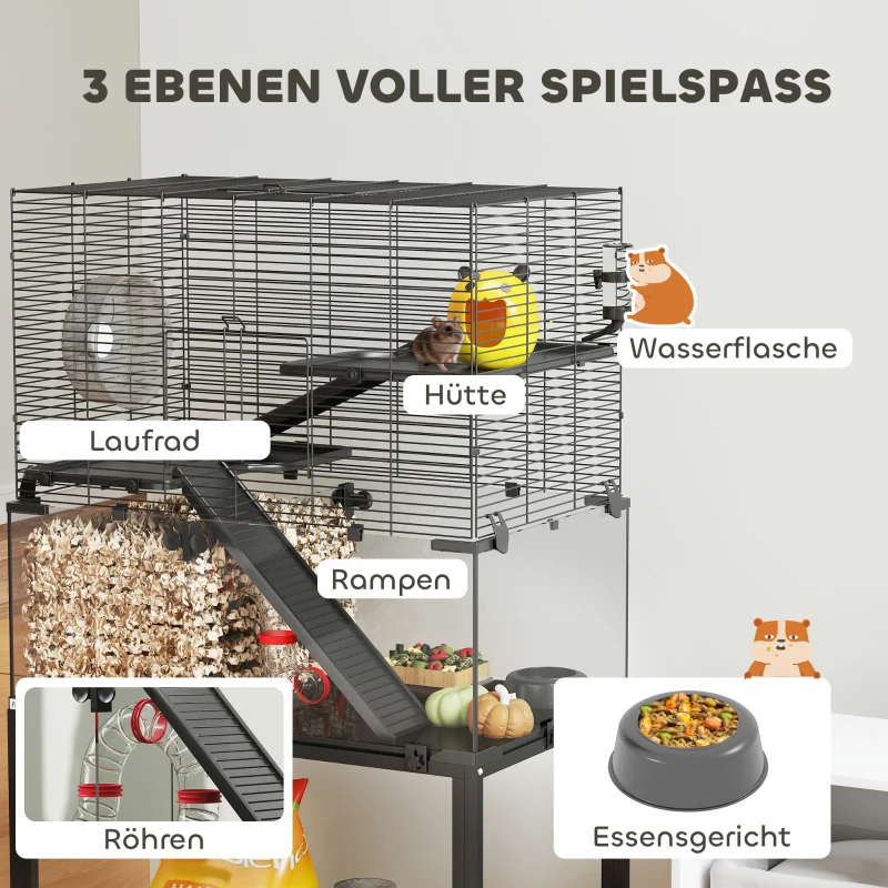 PawHut Hamsterkäfig, Kleintiergehege mit 3 Ebenen, Laufrad, Hütte, Plattformen, Rampen, Futterschale, Wasserflasche, Zubehör, Stahl, Kunststoff, Schwarz