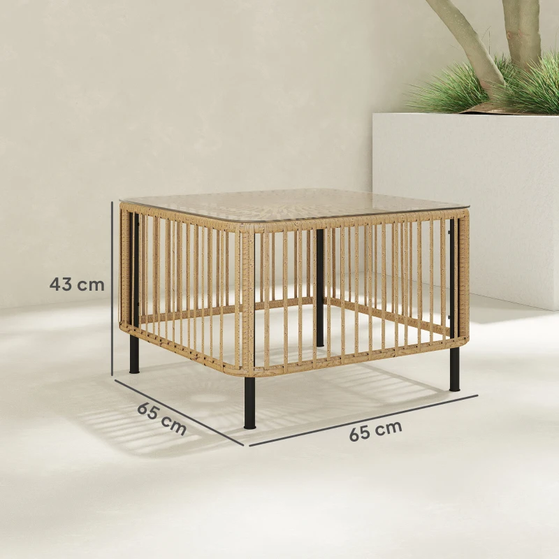 Outsunny Masă de grădină din Polyrattan, 65 x 65 x 43 cm, masă laterală rezistentă la intemperii, pătrată, cu blat din sticlă, lemn natural