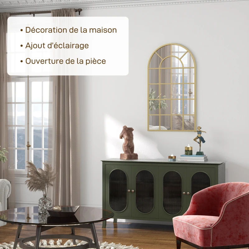 HOMCOM Miroir verrière arche style industriel fenêtre arcade métal 110 x 65 cm doré