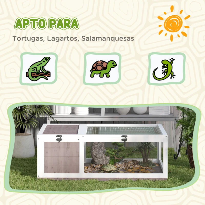 PawHut Casa para Tortugas de Madera con Techo de Malla y Paneles Laterales Transparentes Extraíbles 91x60,5x32 cm Marrón Claro