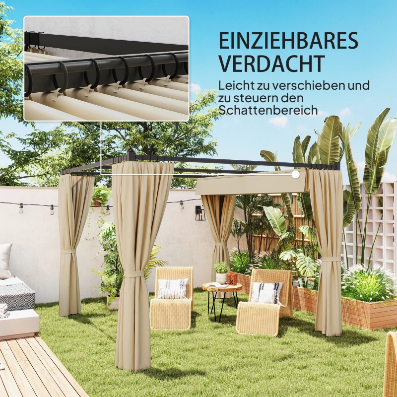Outsunny Pergola 3 x 3 m Vrijstaande terrasoverkapping met schuifdak, 4 zijwanden UV-bestendig Beige