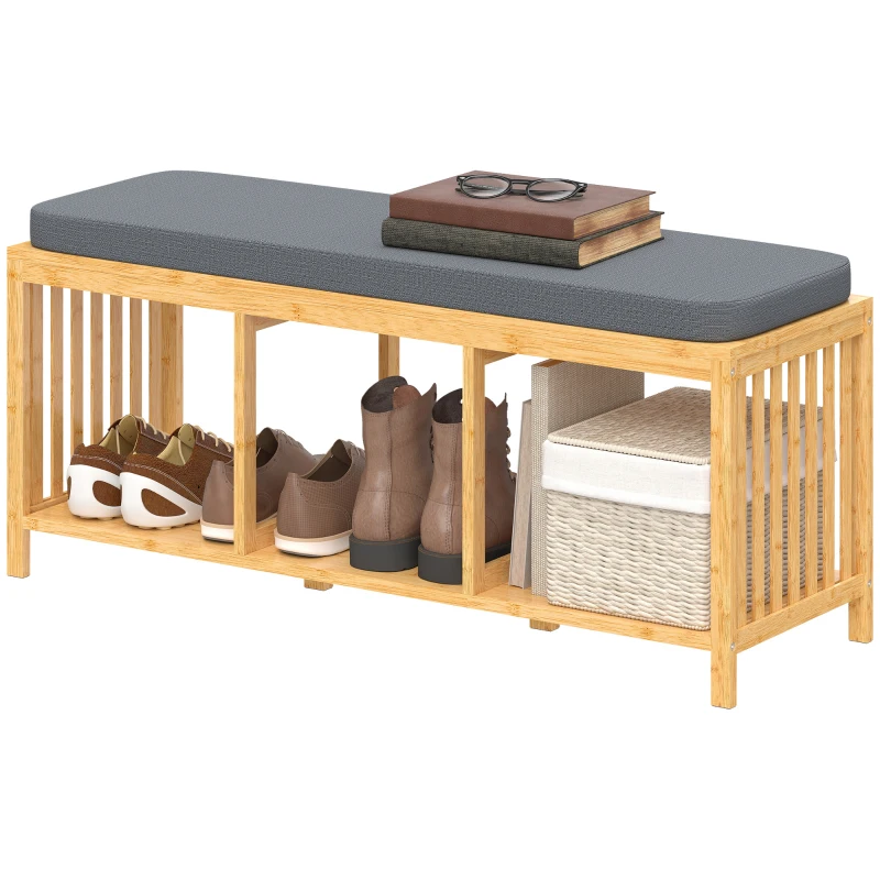 HOMCOM Bamboo Shoe Bench, Entryway Storage Bench with Padded Cushion and Open Shelf, Natural Wood Finish