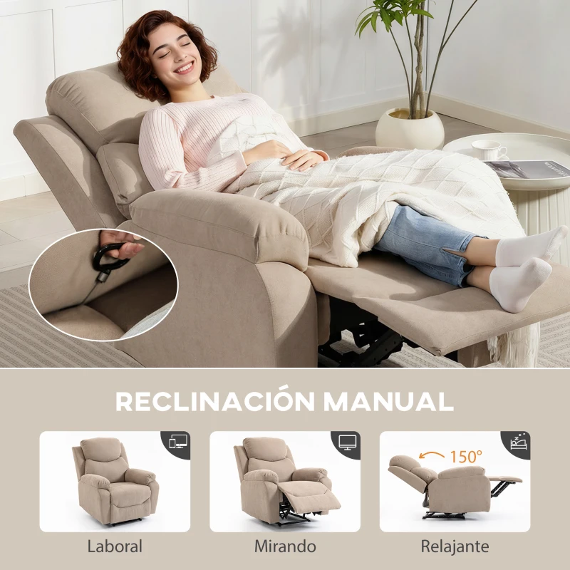 HOMCOM Sillón Relax Reclinable Manual Tapizado en Tela Aspecto Lino Reposapiés Reposabrazos Acolchado Grueso Beige