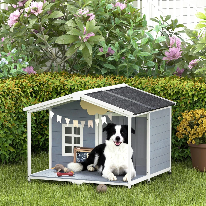 PawHut Hundehütte wetterfestes Erhöhtes Hundehaus aus Holz mit Asphaltdach, Terrasse, für mittelgroße Hunde 103x107x83,5cm Grau